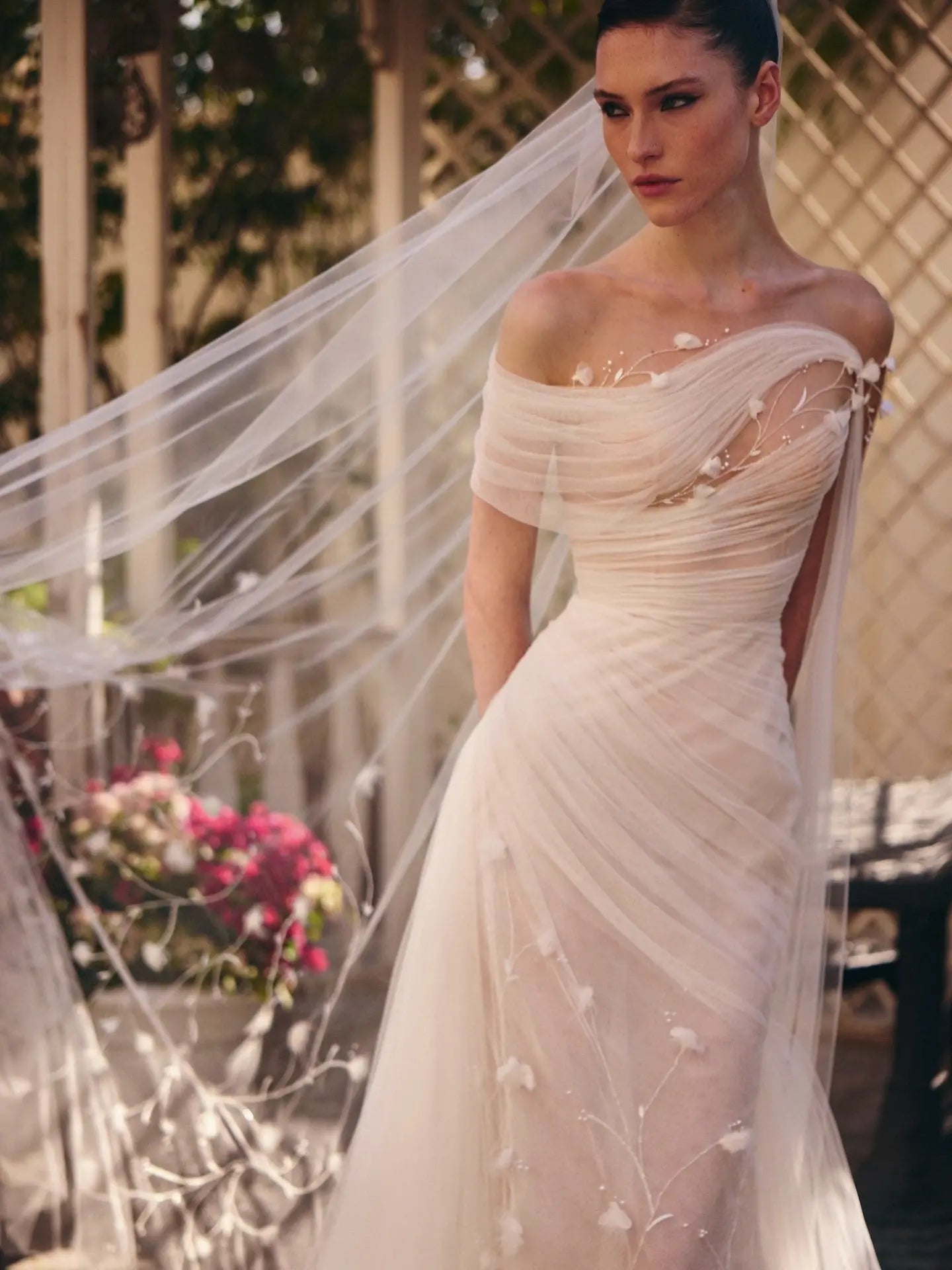 Elegant Off-the-Shoulder Ruched 3D Floral Wedding Dress with Veil ZP071