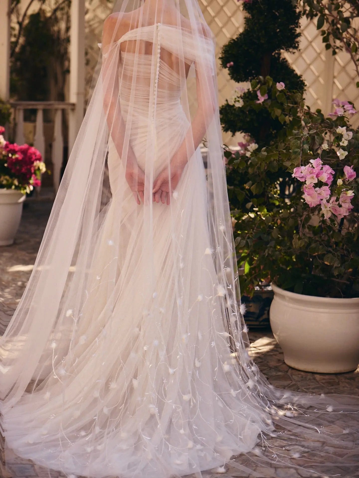 Elegant Off-the-Shoulder Ruched 3D Floral Wedding Dress with Veil ZP071