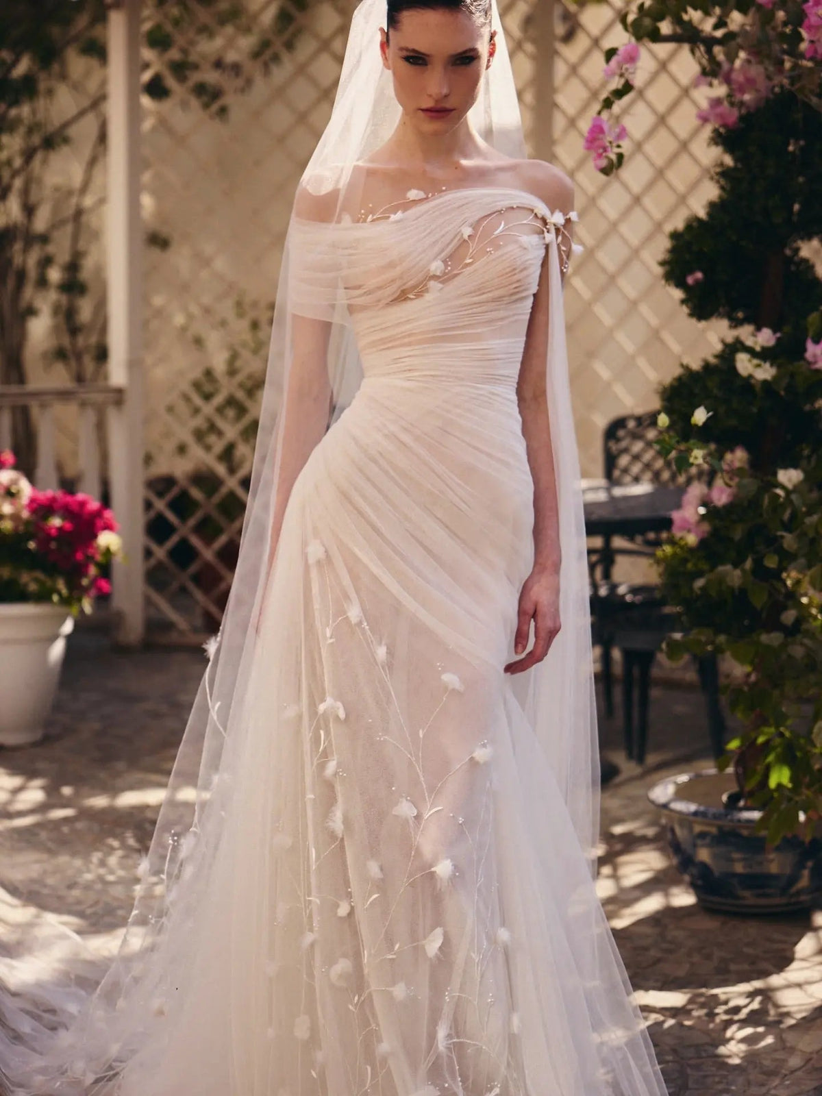 Elegant Off-the-Shoulder Ruched 3D Floral Wedding Dress with Veil ZP071