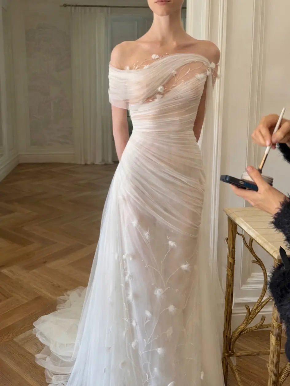 Elegant Off-the-Shoulder Ruched 3D Floral Wedding Dress with Veil ZP071