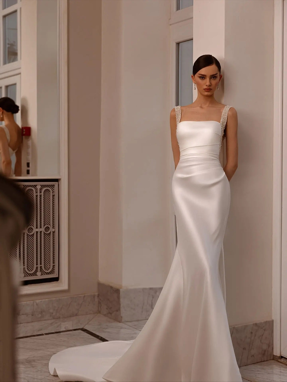Luxury White Satin Beaded Overlay Mermaid Train Wedding Dress ZP130