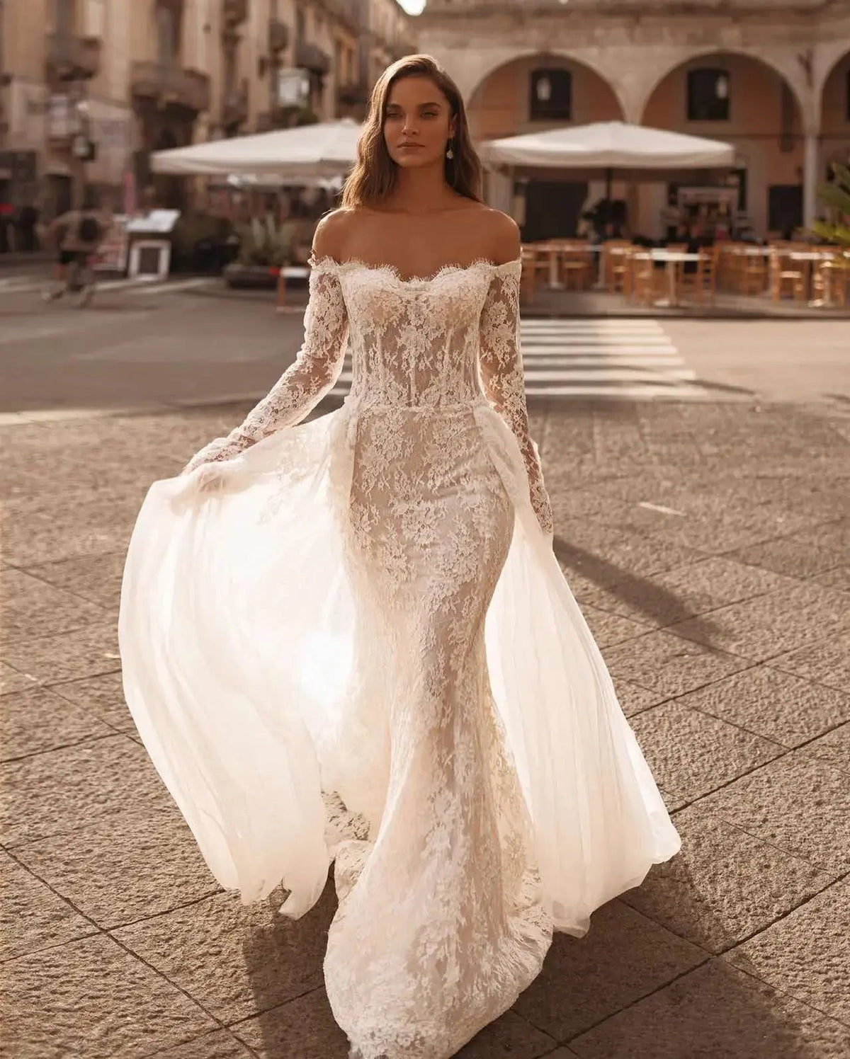 Romantic Ivory Off-the-Shoulder Lace Mermaid Wedding Dress with Tulle Overlay ZP132