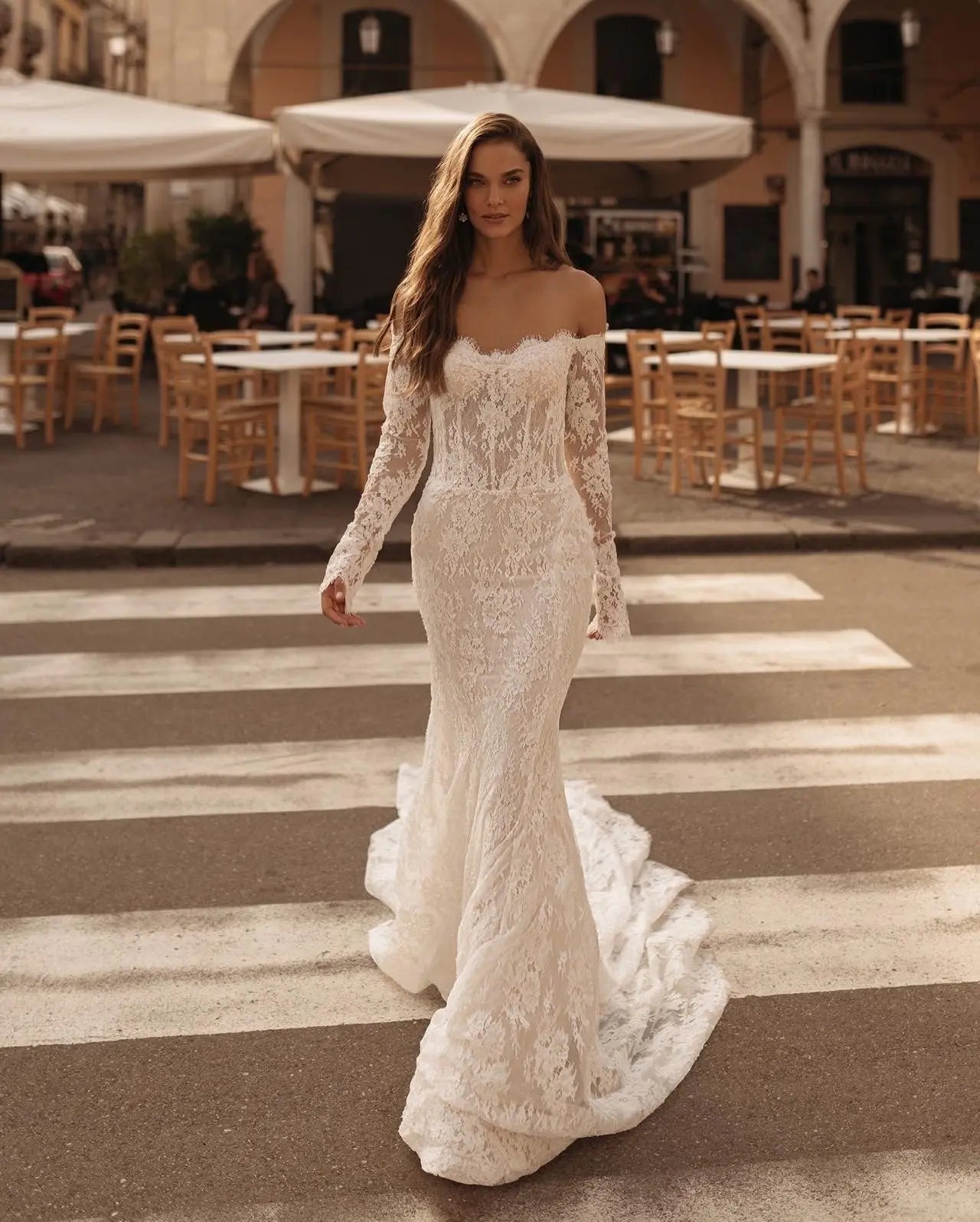 Romantic Ivory Off-the-Shoulder Lace Mermaid Wedding Dress with Tulle Overlay ZP132