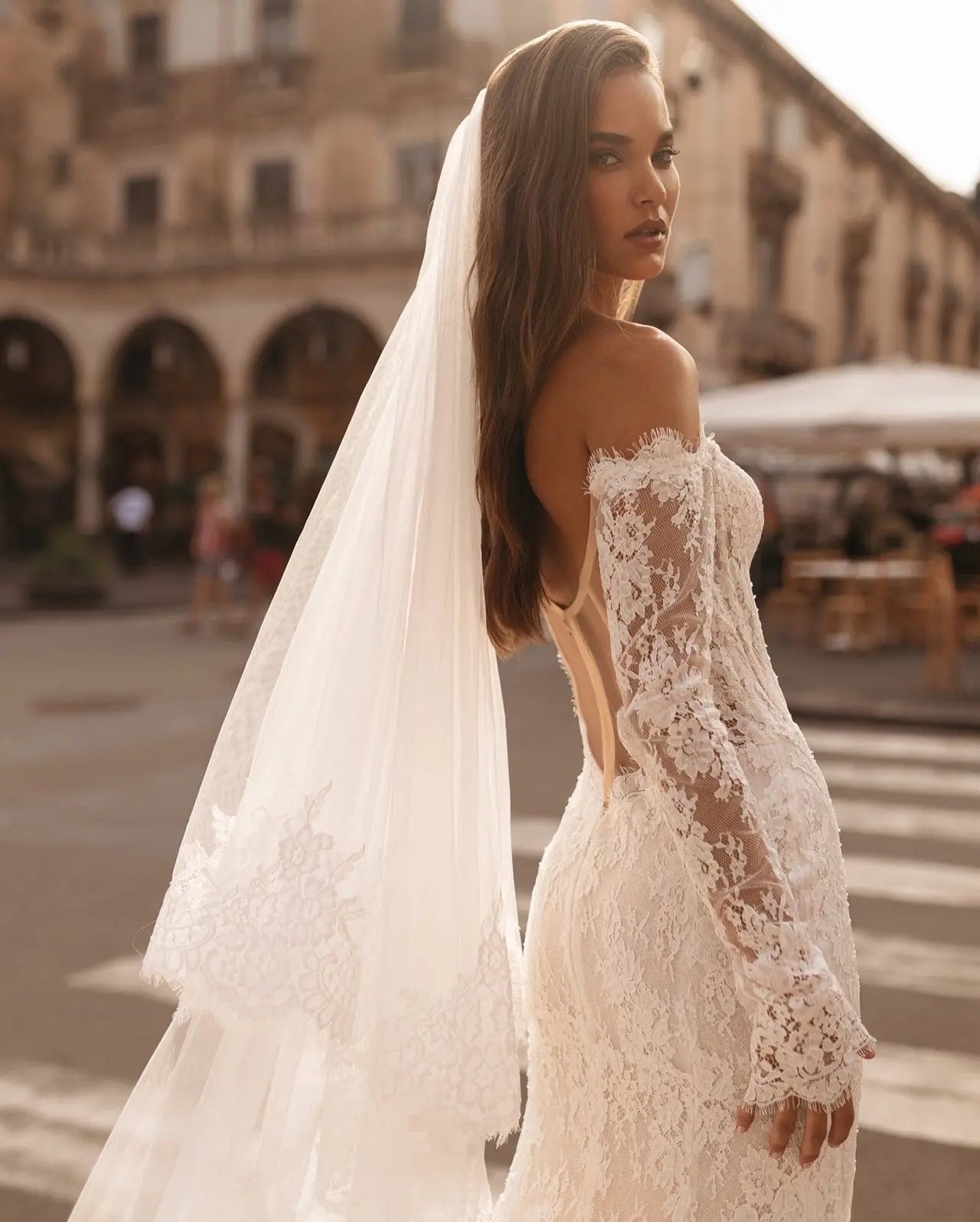 Romantic Ivory Off-the-Shoulder Lace Mermaid Wedding Dress with Tulle Overlay ZP132