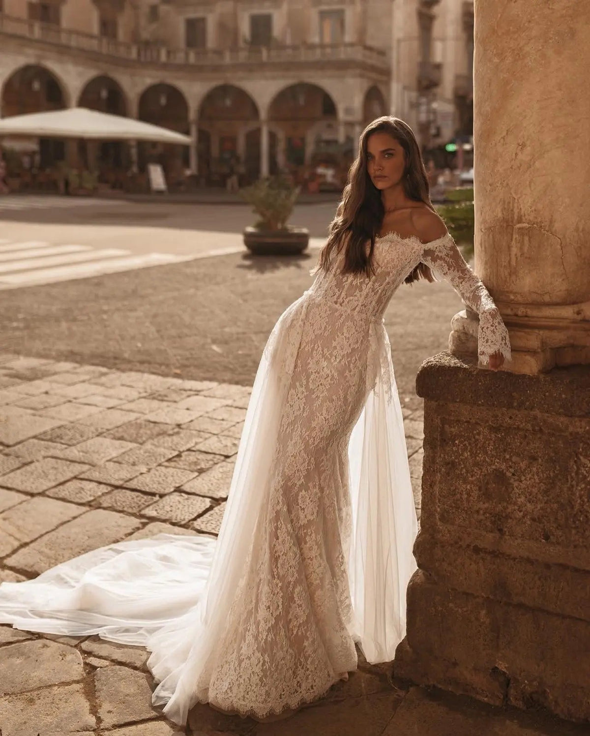 Romantic Ivory Off-the-Shoulder Lace Mermaid Wedding Dress with Tulle Overlay ZP132