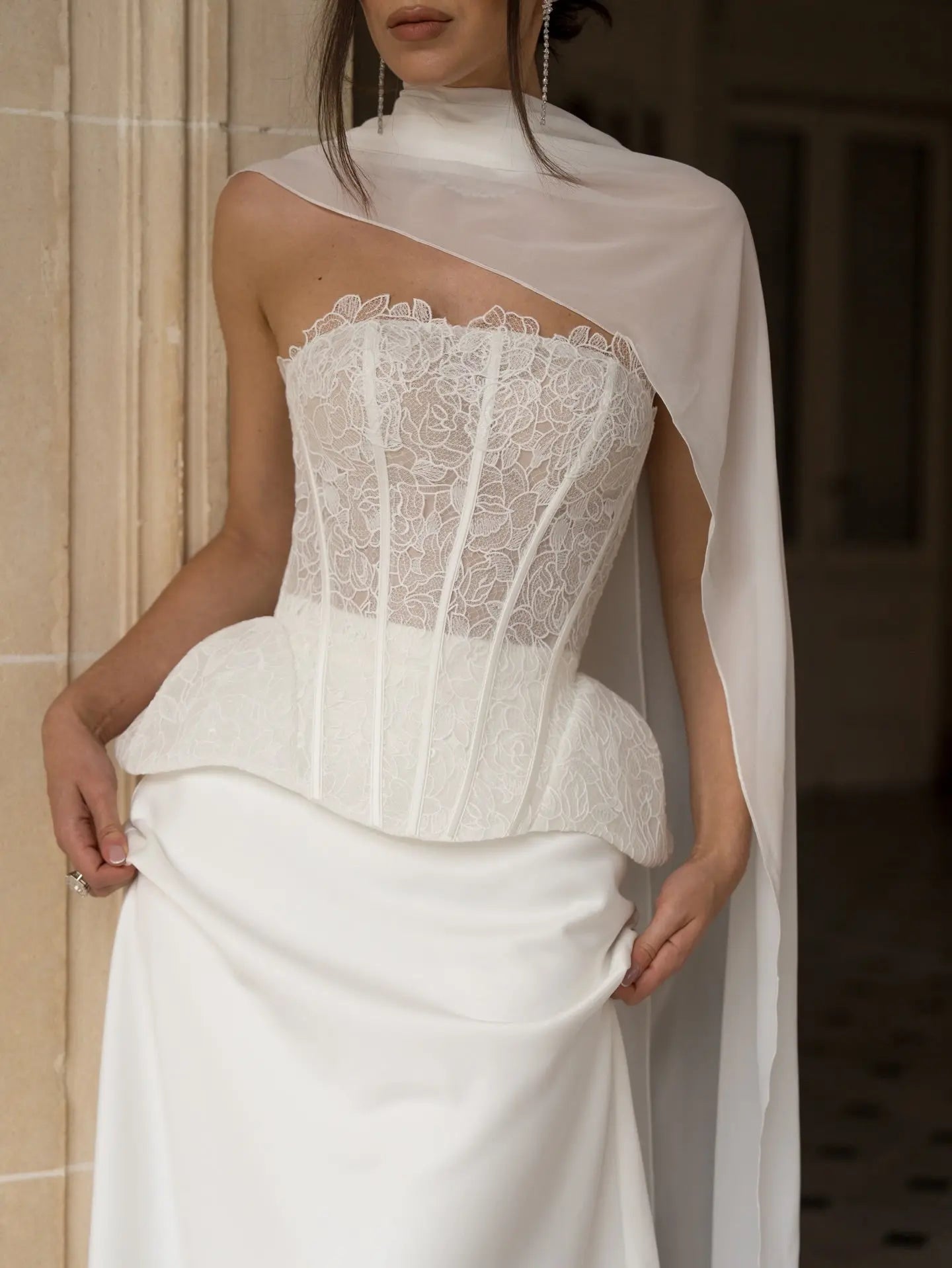 Strapless Lace Corset Wedding Dresses with Scarf ZP024