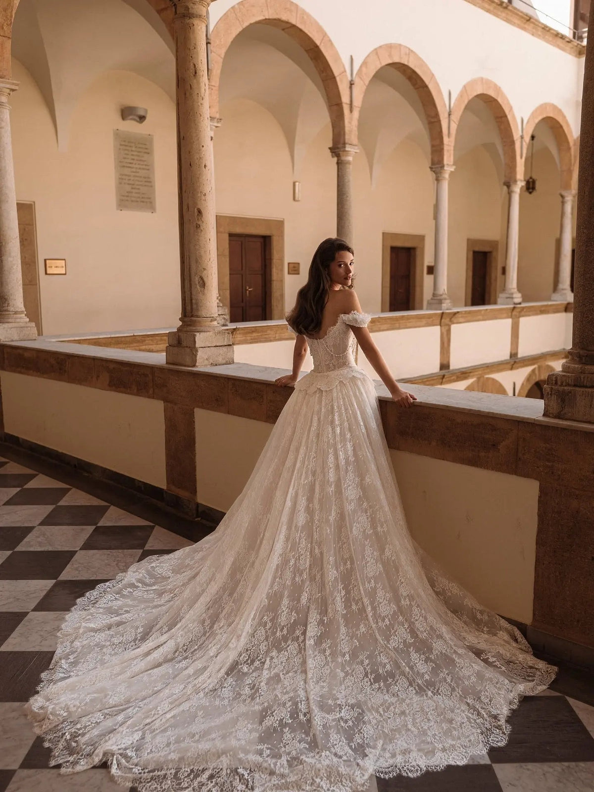 Opulent Ivory Off-the-Shoulder Beaded Lace Tulle Ball Gown Wedding Dress ZP127 - View 5 | VelvetHem