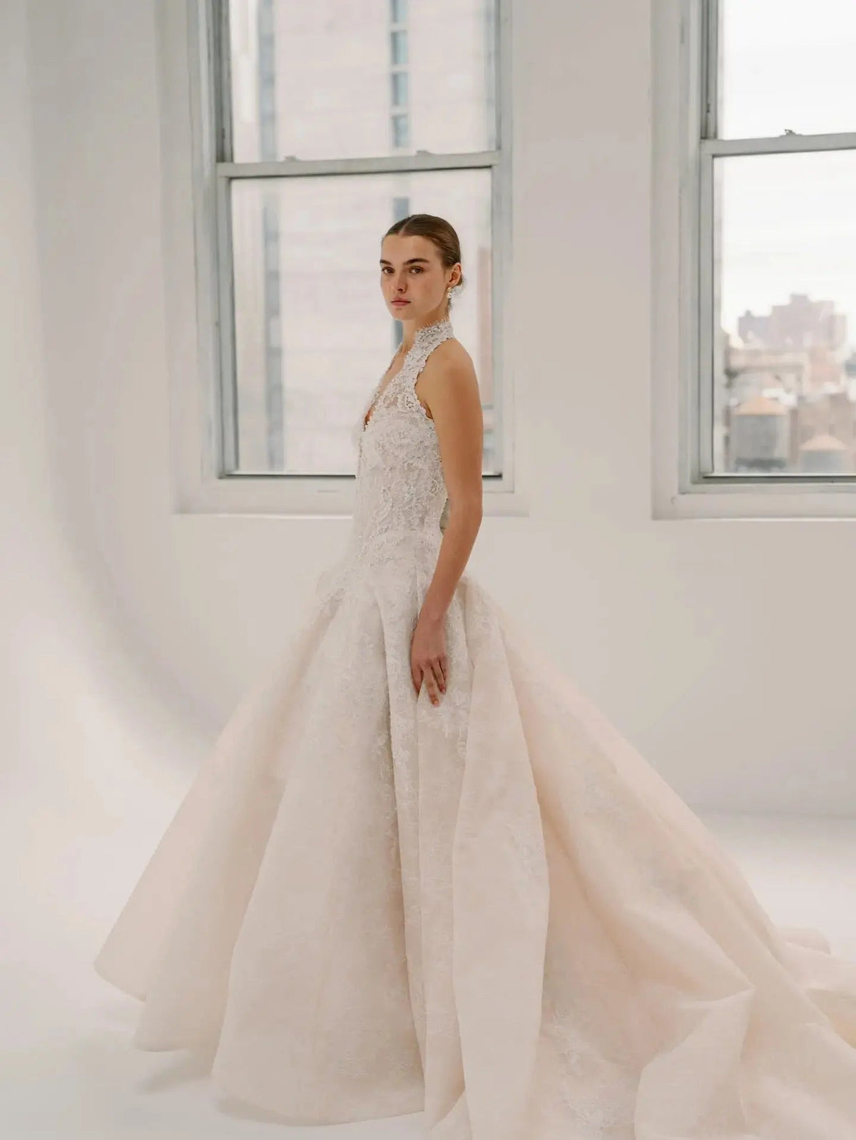 Luxury Ivory Halter Neck Lace Deep V Ball Gown Wedding Dress ZP146