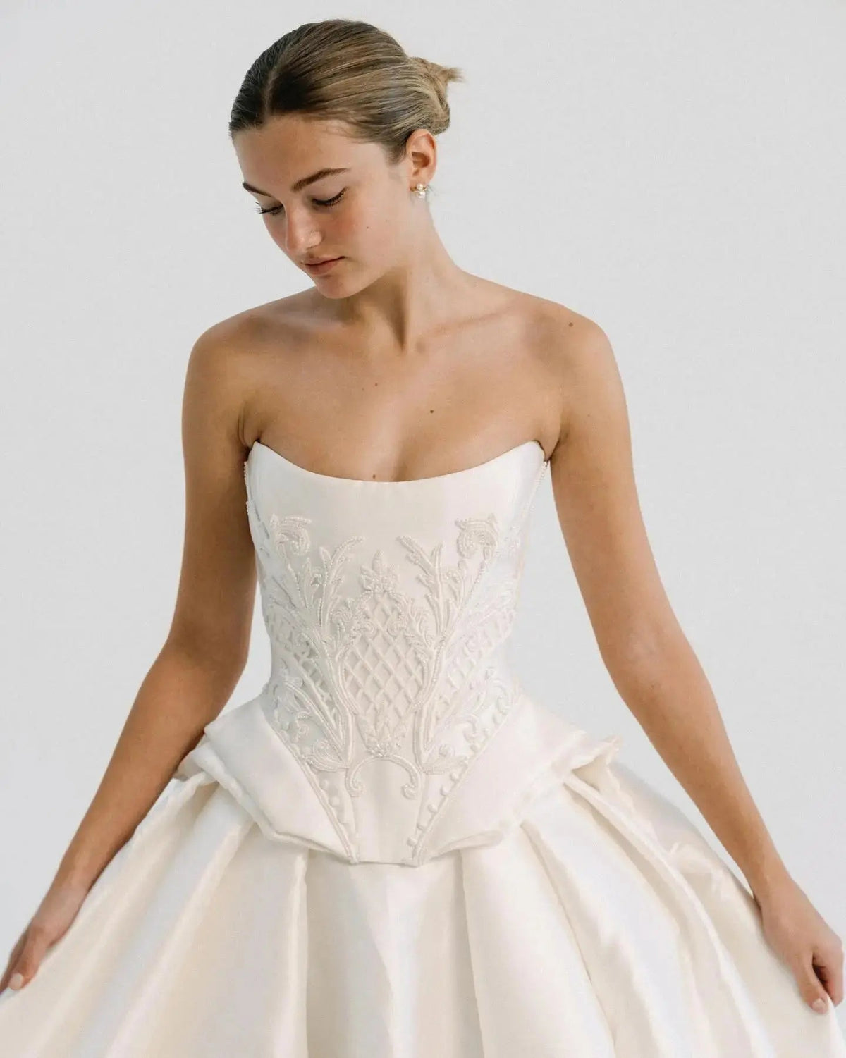 Luxury White Satin Strapless Beaded Ball Gown Train Wedding Dress ZP152 - View 3 | VelvetHem