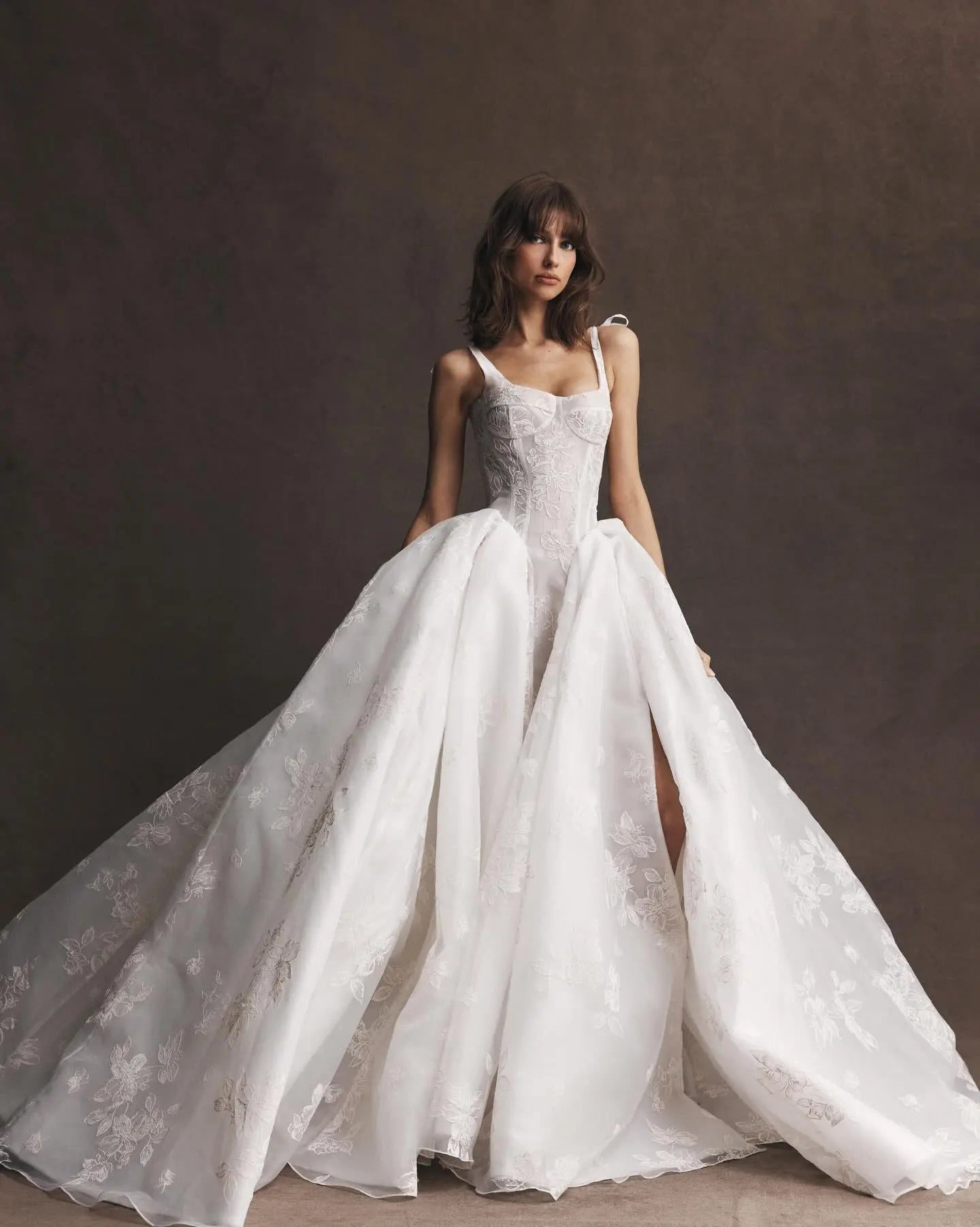 Luxury Ivory Lace Embroidery High-Slit Train Wedding Dress ZP151