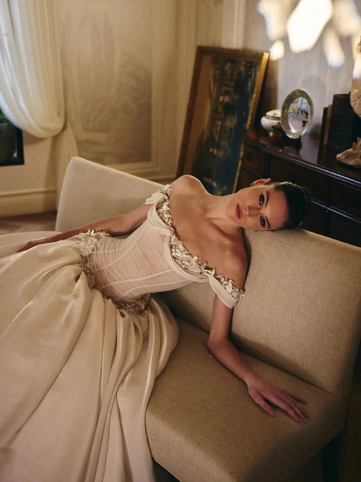 Elegant Ivory Off-the-Shoulder Floral Lace Ball Gown Wedding Dress ZP075
