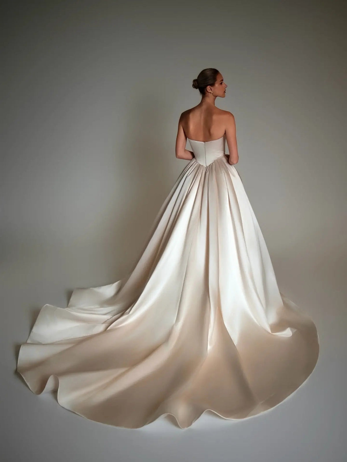 Luxury Champagne Strapless Satin Ball Gown Trailed Wedding Dress ZP144 - View 6 | VelvetHem