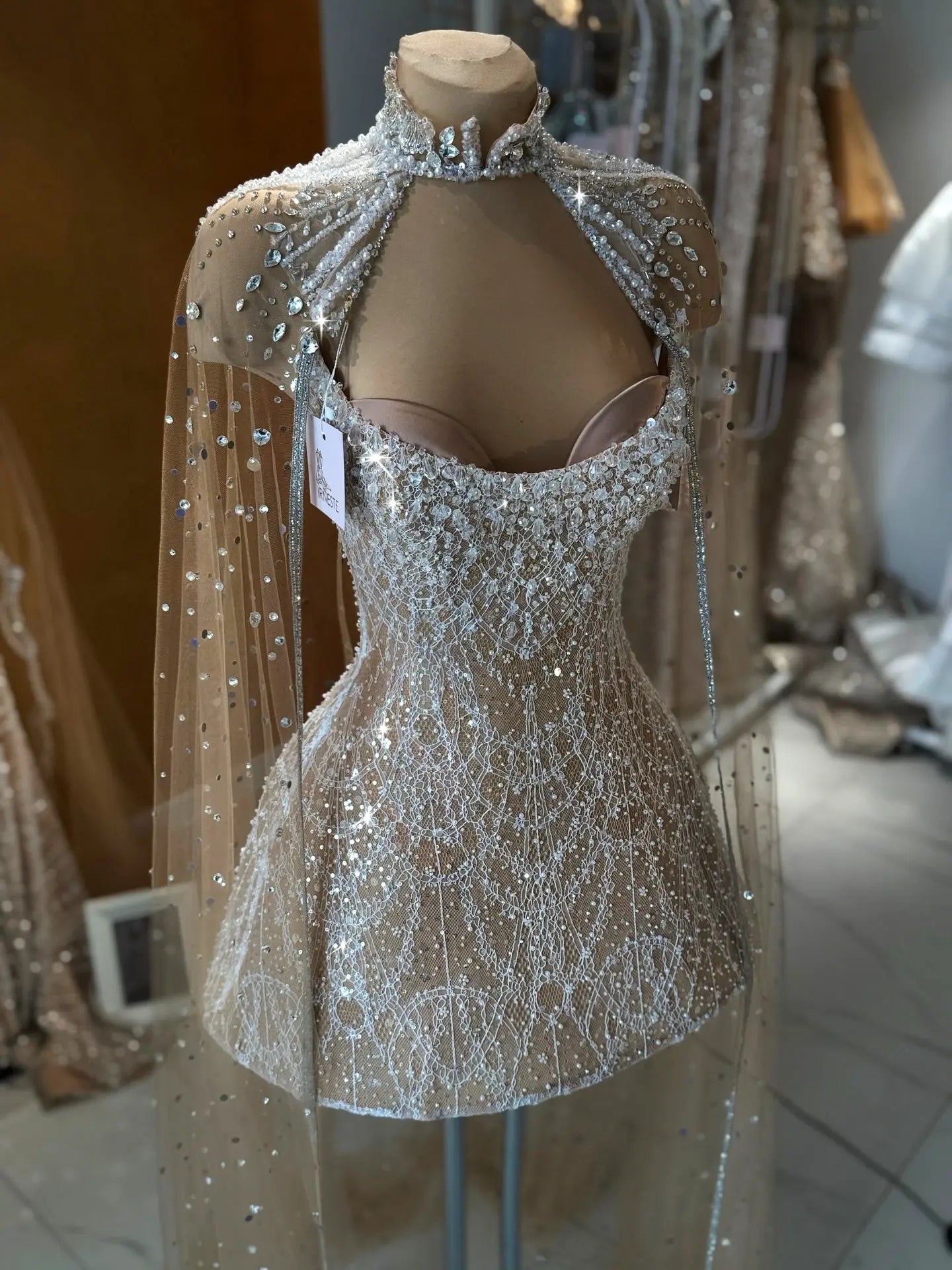 Luxury Beaded Halter Mini Wedding Dress  with Cape ZP021