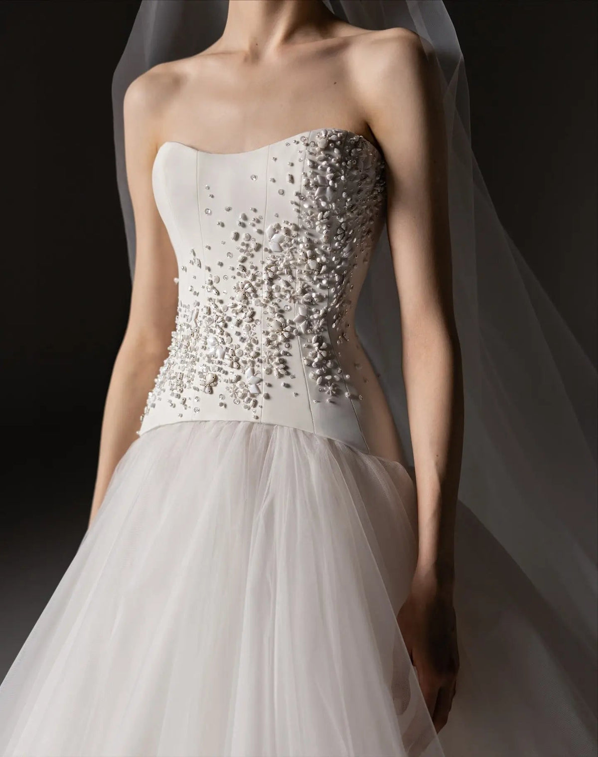 Elegant White Strapless Bodice Crystal Ball Gown Wedding Dress with Veil ZP080 - View 5 | VelvetHem