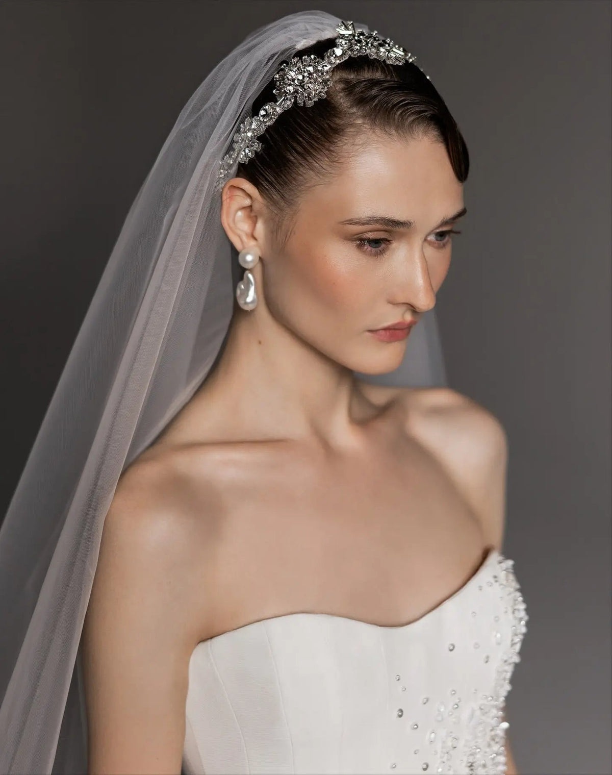 Elegant White Strapless Bodice Crystal Ball Gown Wedding Dress with Veil ZP080 - View 6 | VelvetHem