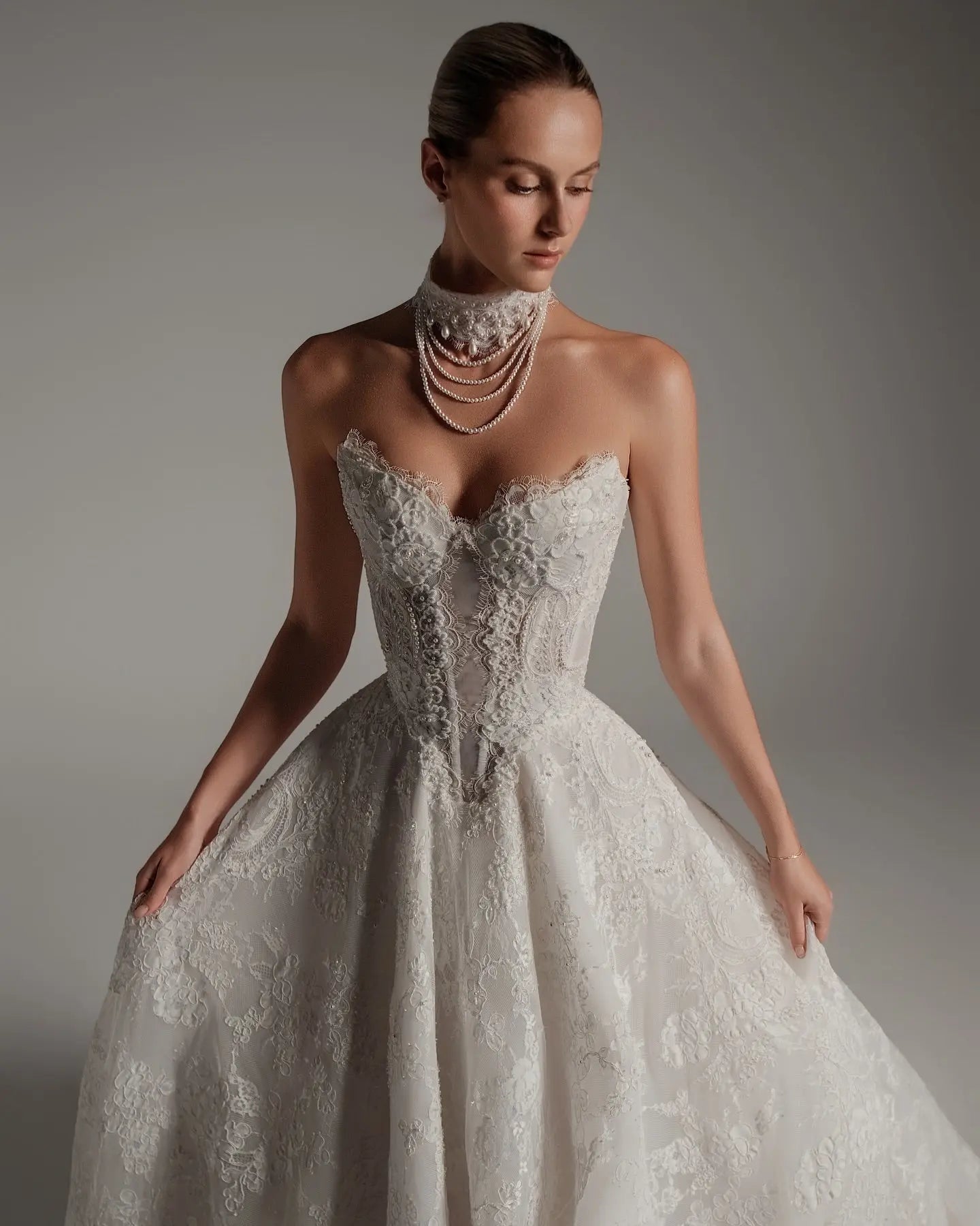 Luxury Ivory Strapless Lace Train Wedding Dress with Scarf ZP140