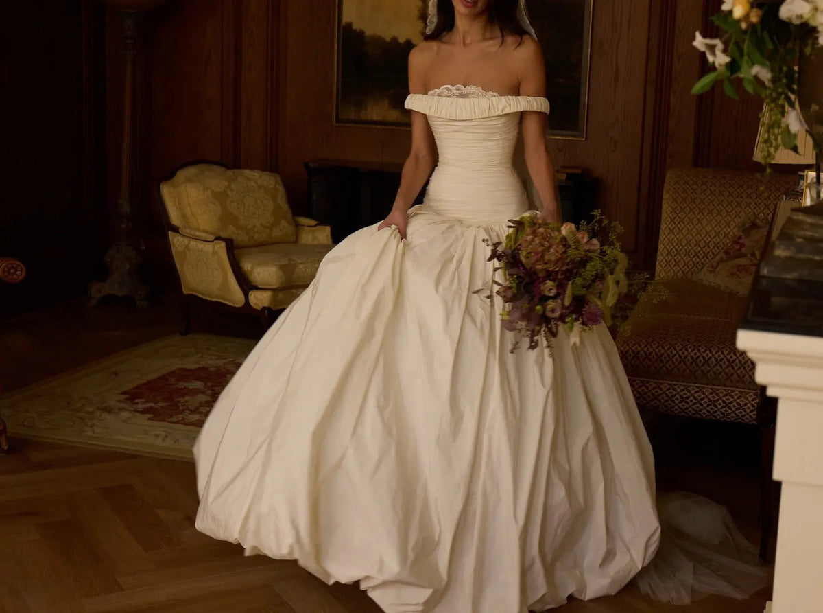 Elegant Ivory Strapless Ruched Satin Ball Gown Wedding Dress ZP070 - View 10 | VelvetHem