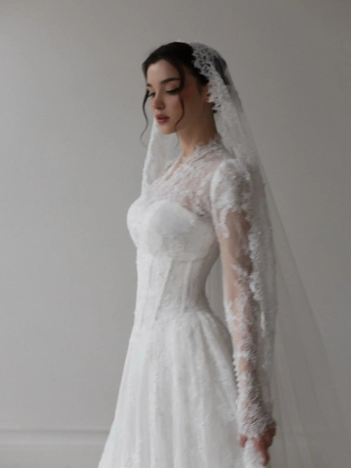 Romantic White Lace Long Sleeve A-Line Wedding Dress with Veil ZP109