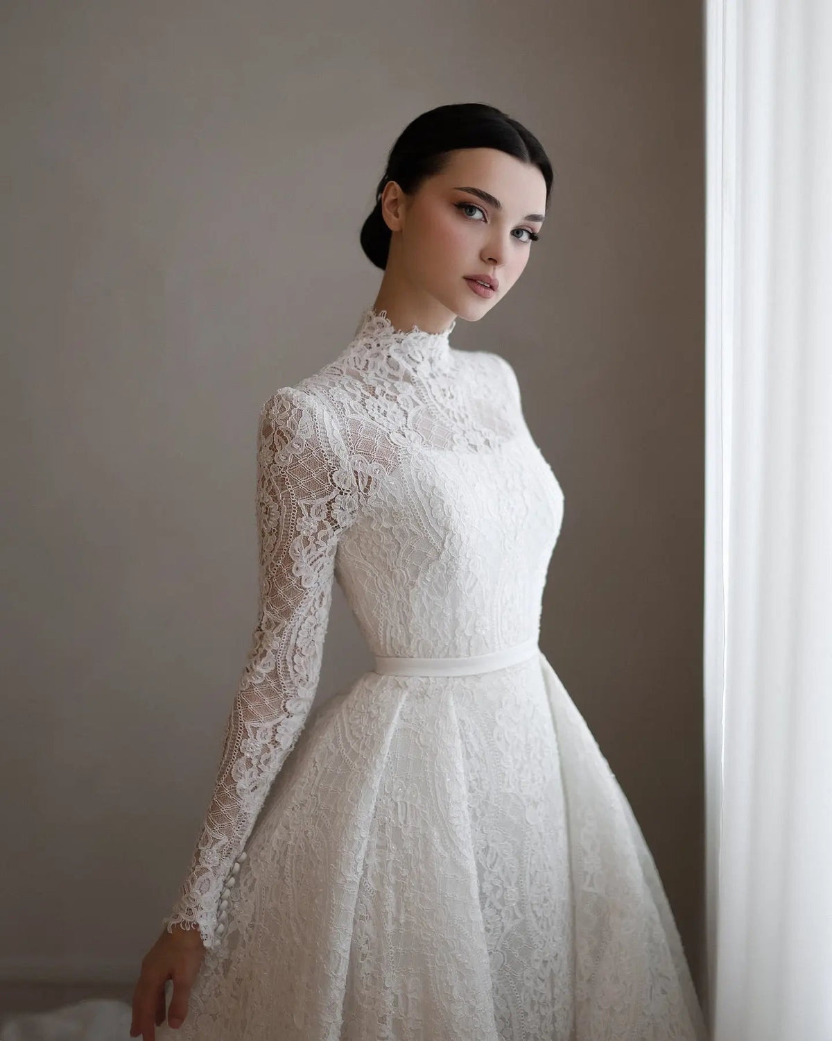 Luxury High Neck Lace Wedding Dress with Overskirt ZP174 - View 4 | VelvetHem