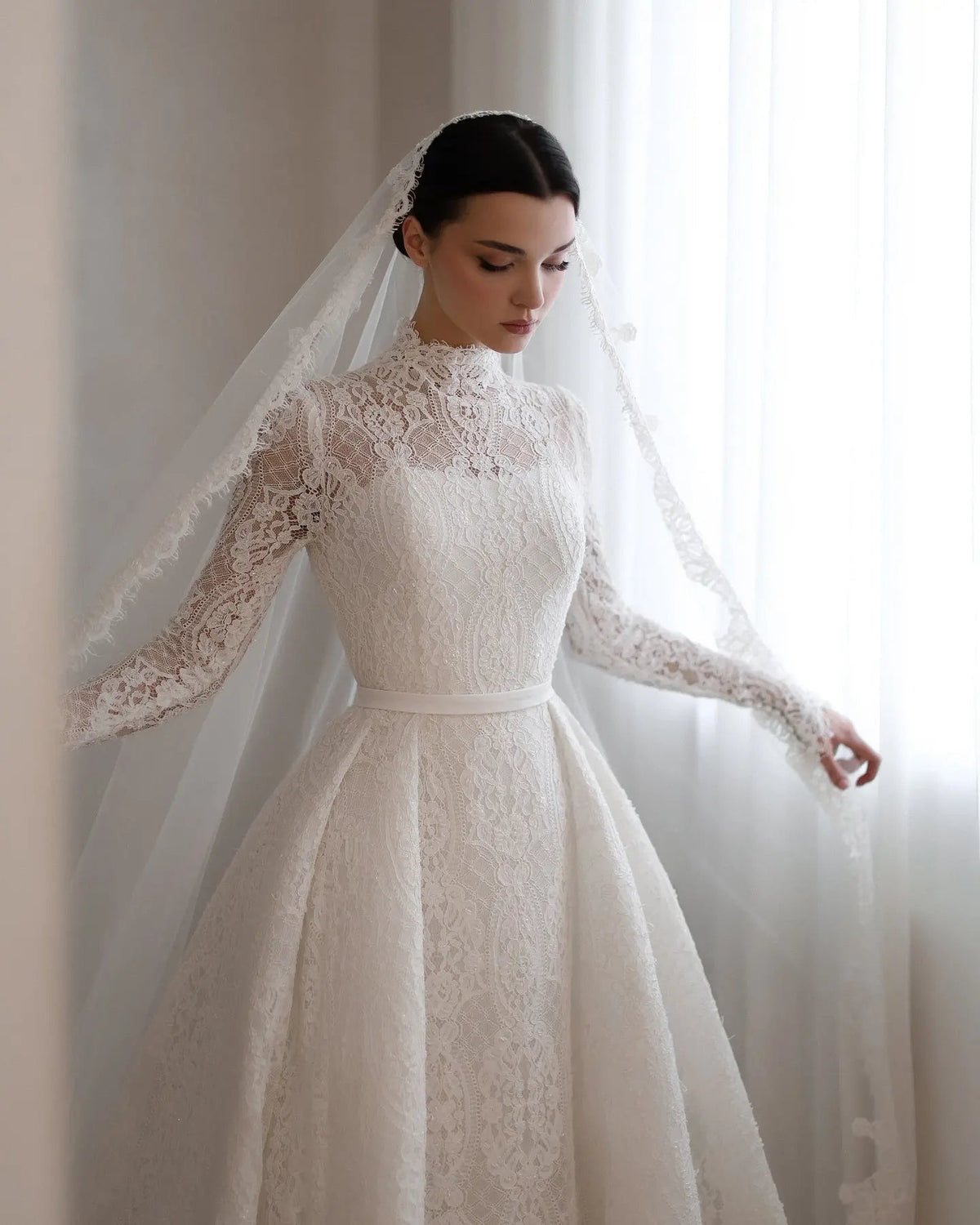 Luxury High Neck Lace Wedding Dress with Overskirt ZP174 - View 6 | VelvetHem