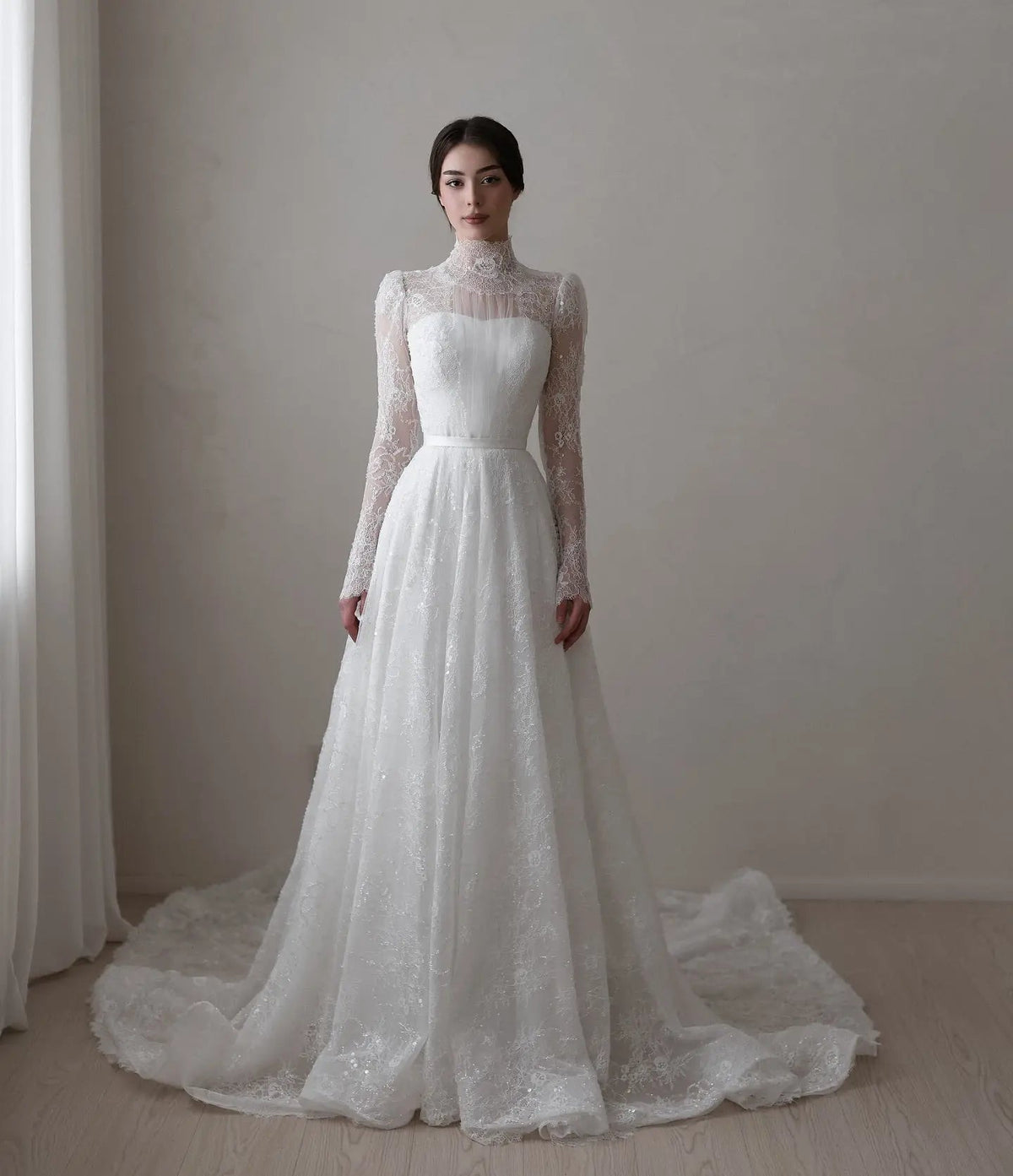 Elegant Sequin Printed Long Sleeve Wedding Dress ZP172 - View 2 | VelvetHem