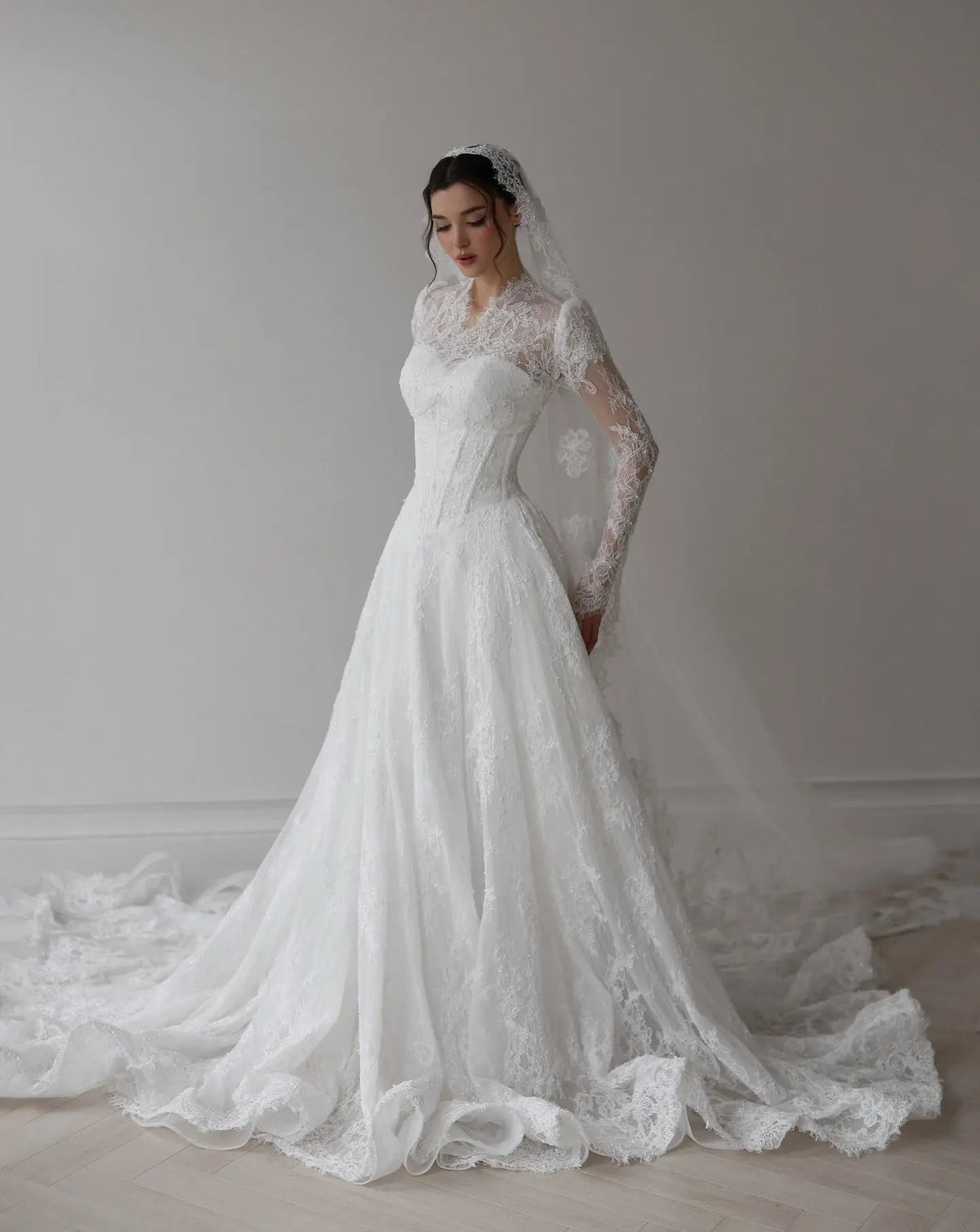 Romantic White Lace Long Sleeve A-Line Wedding Dress with Veil ZP109