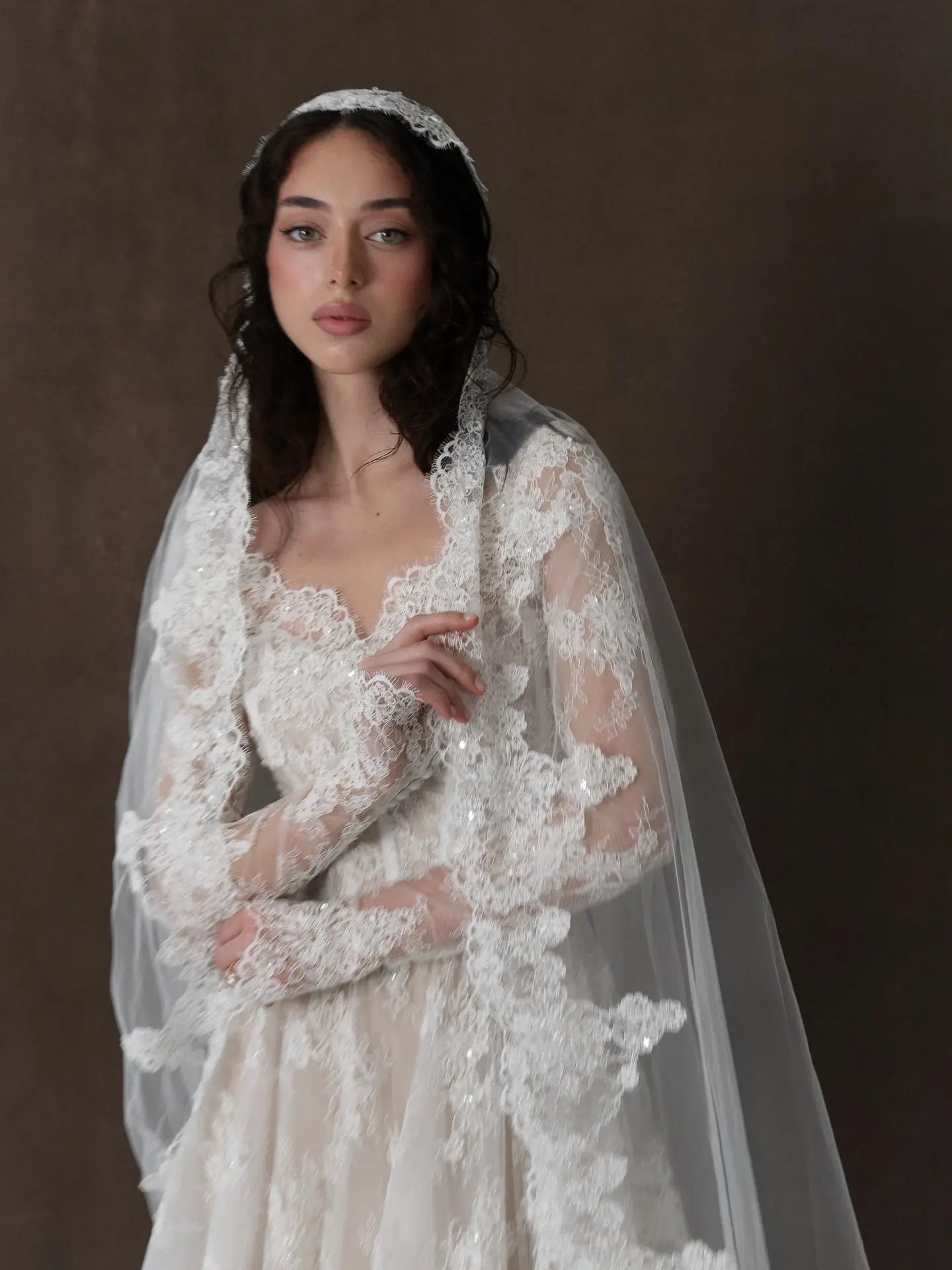 Whimsical Ivory Lace V-Neck Long Sleeve Wedding Dress with Veil ZP106
