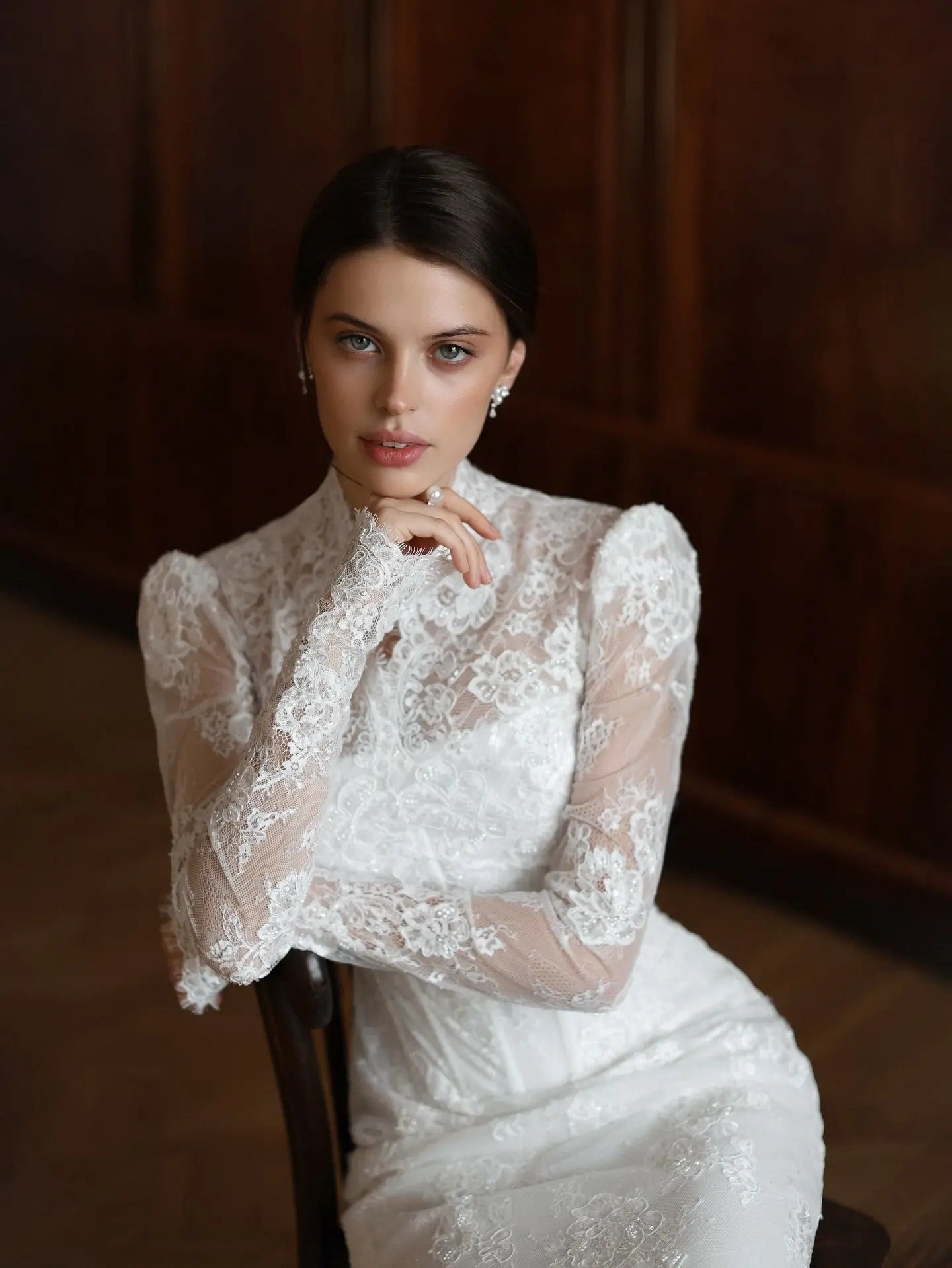 Elegant White Lace High Neck Long Sleeve A-Line Wedding Dress ZP103