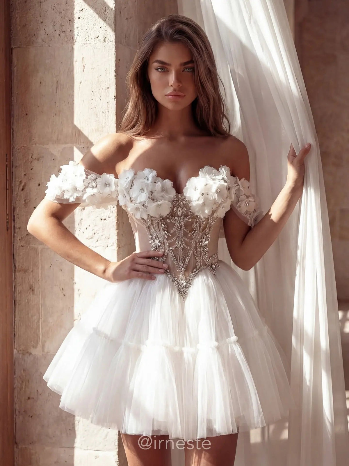 Charming Off-Shoulder 3D Flowers Corset Mini Wedding Dress ZP019