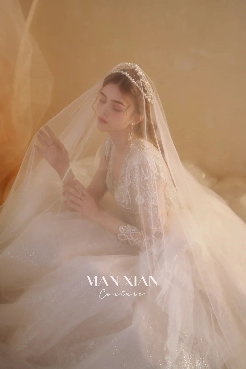 Luminous Ivory V-Neck Glitter Tulle Ball Gown with Beaded Lace, Sheer Sleeves & Draped Ruffle Train (ZD16942) - View 7 | VelvetHem