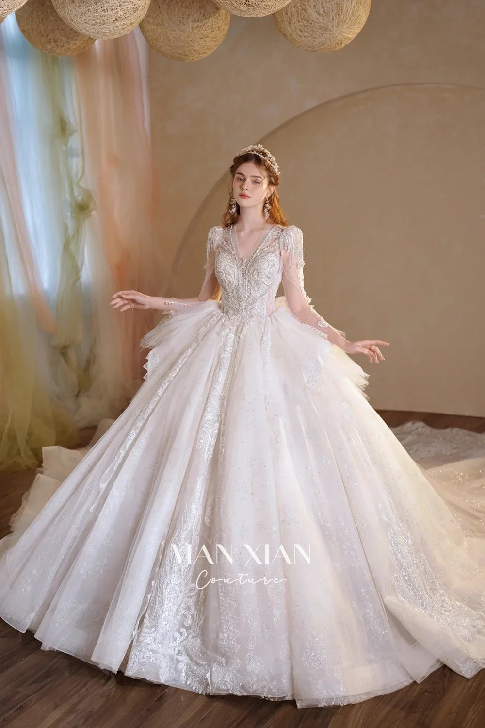Luminous Ivory V-Neck Glitter Tulle Ball Gown with Beaded Lace, Sheer Sleeves & Draped Ruffle Train N001 by ZAPDRESS