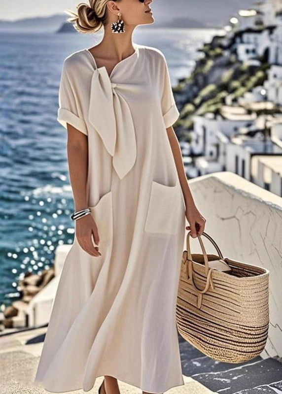 Italian Beige Bow Pockets Solid Long Dresses Summer