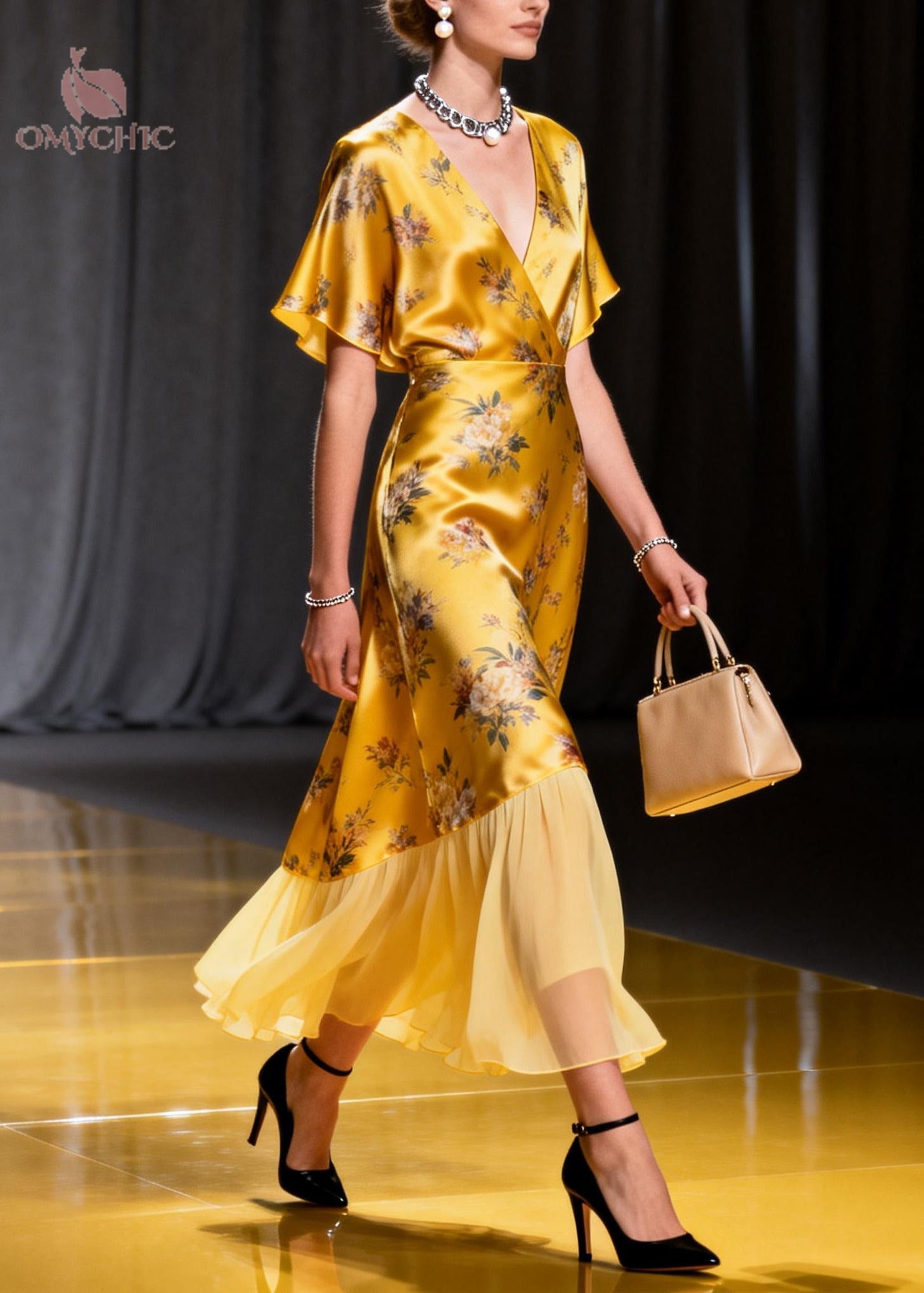 Italian Golden Print Patchwork Tulle Silk Robe Dress Summer