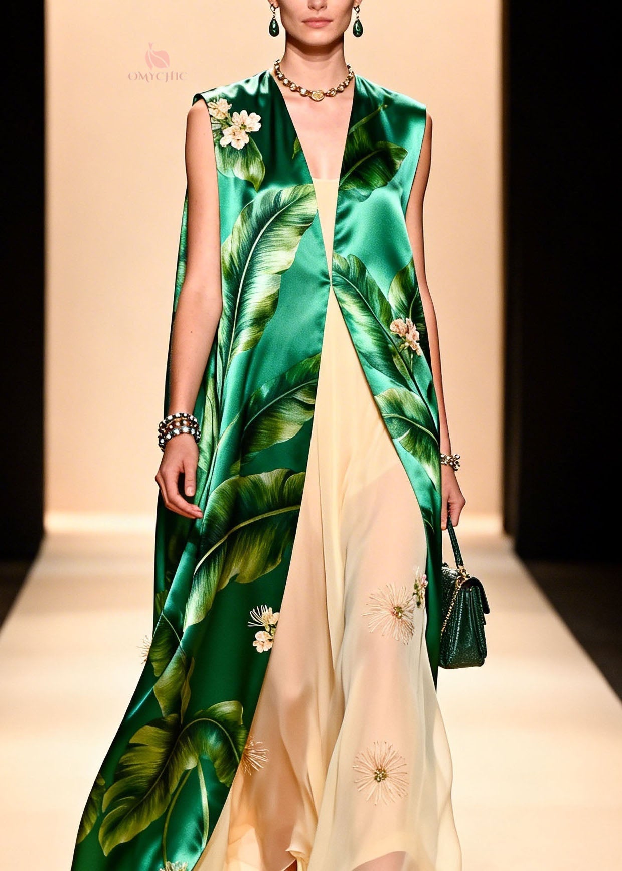 Italian Green Print Silk Cardigans And Chiffon Dresses Two Pieces Set Summer