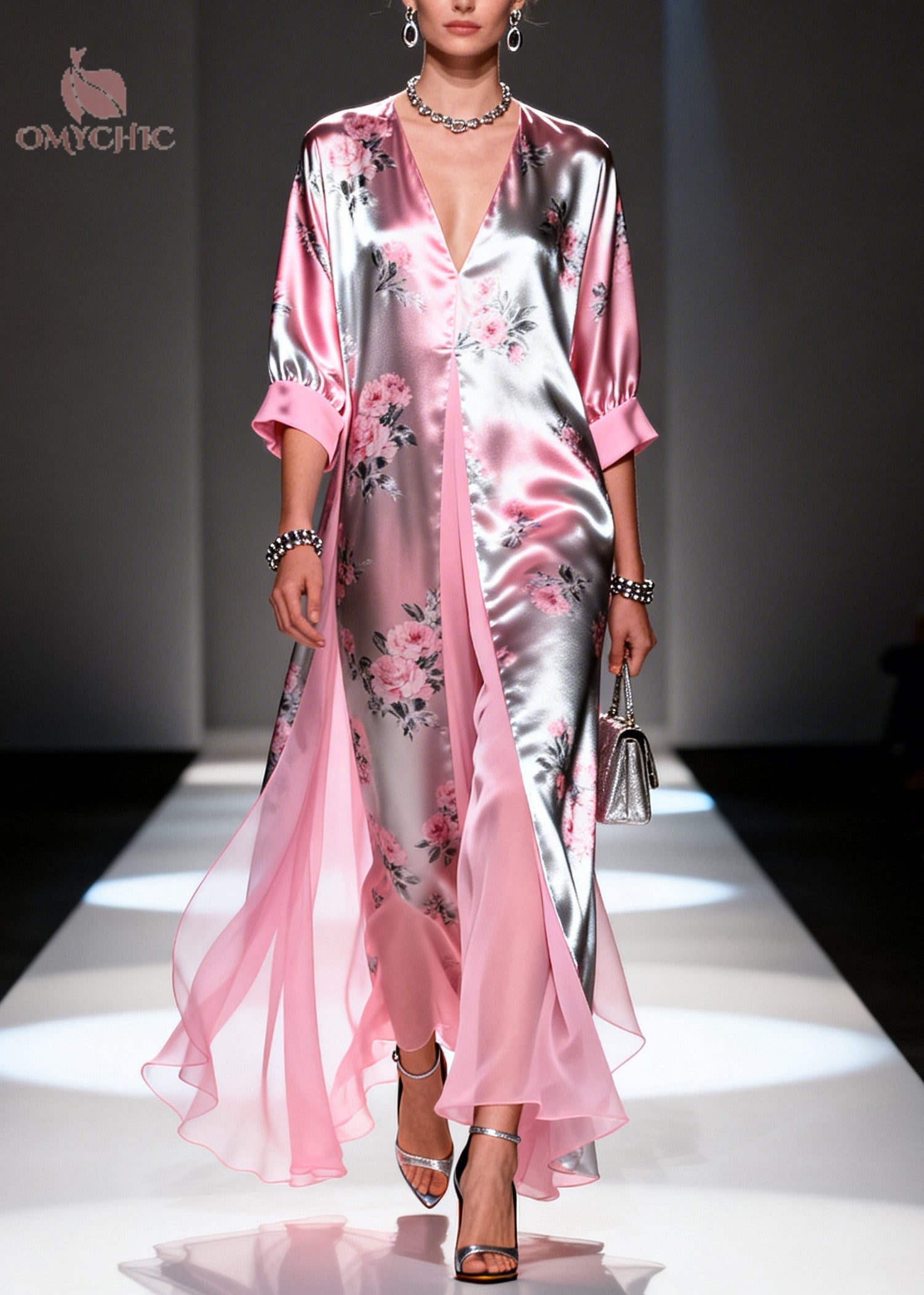 Italian Pink Print Patchwork Silk Fake Two Piece Dress Summer