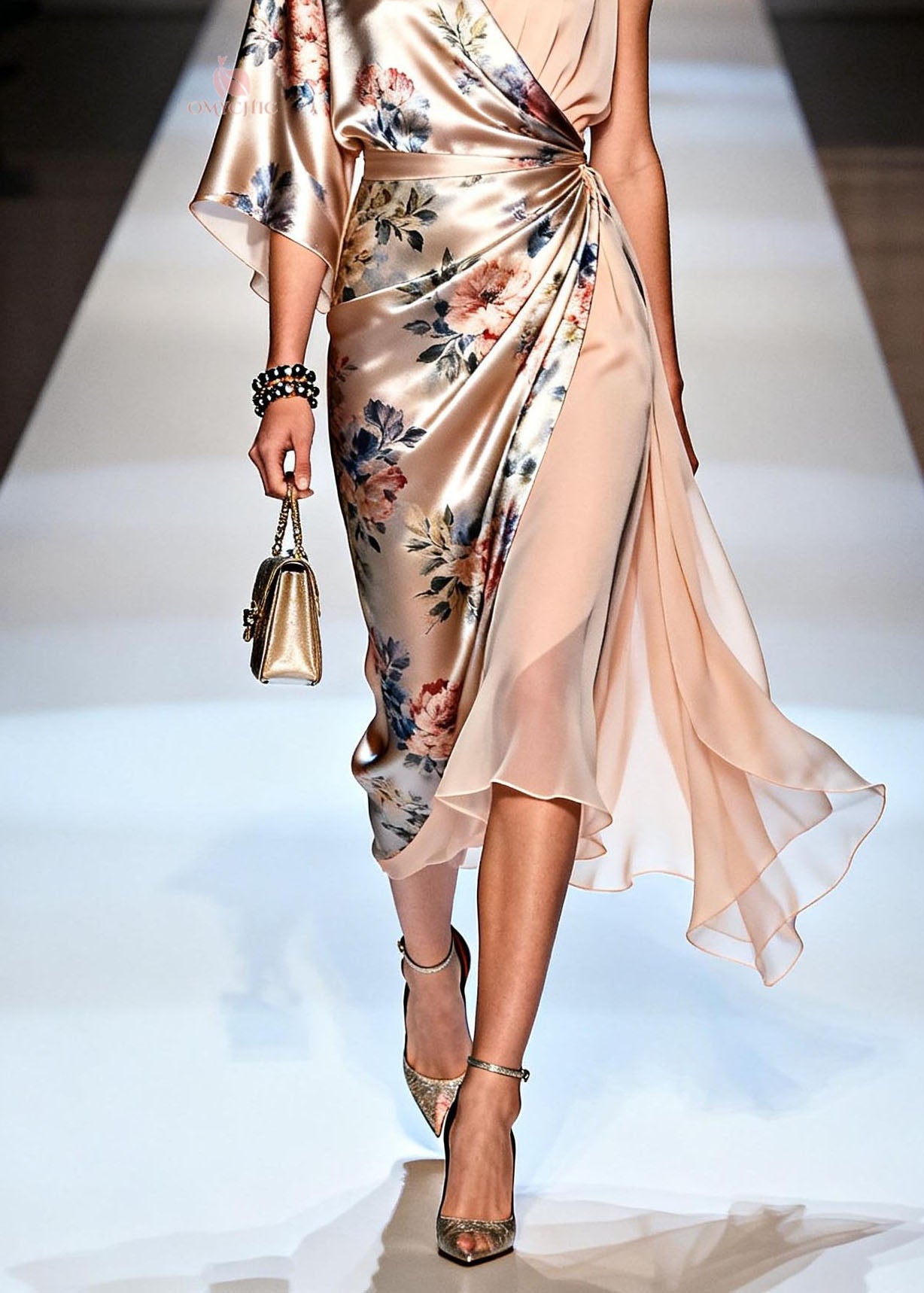 Italian V Neck Print Asymmetrical Design Silk Dress Summer