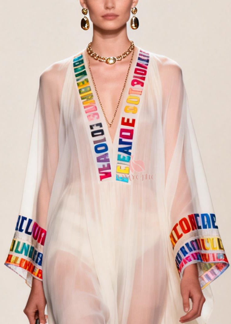 Italian White V Neck Letter Print Chiffon Sheer Dress Summer