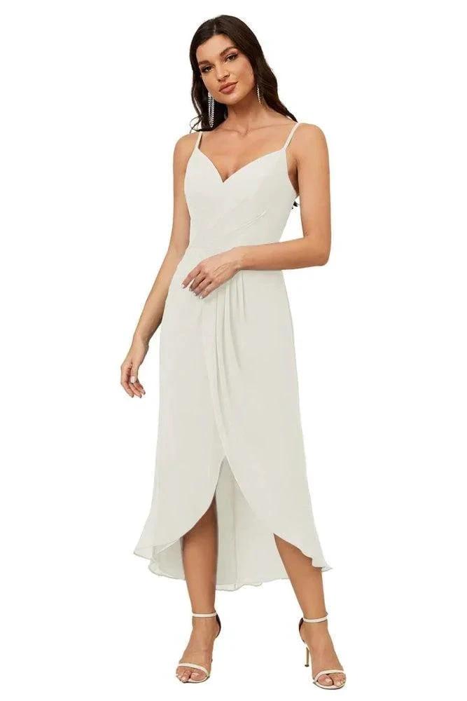Numbersea Spaghetti Chiffon V Neck Bridesmaid Dress Mid-Length Slit Formal Prom Dress Homecoming Dress 2803 by numbersea