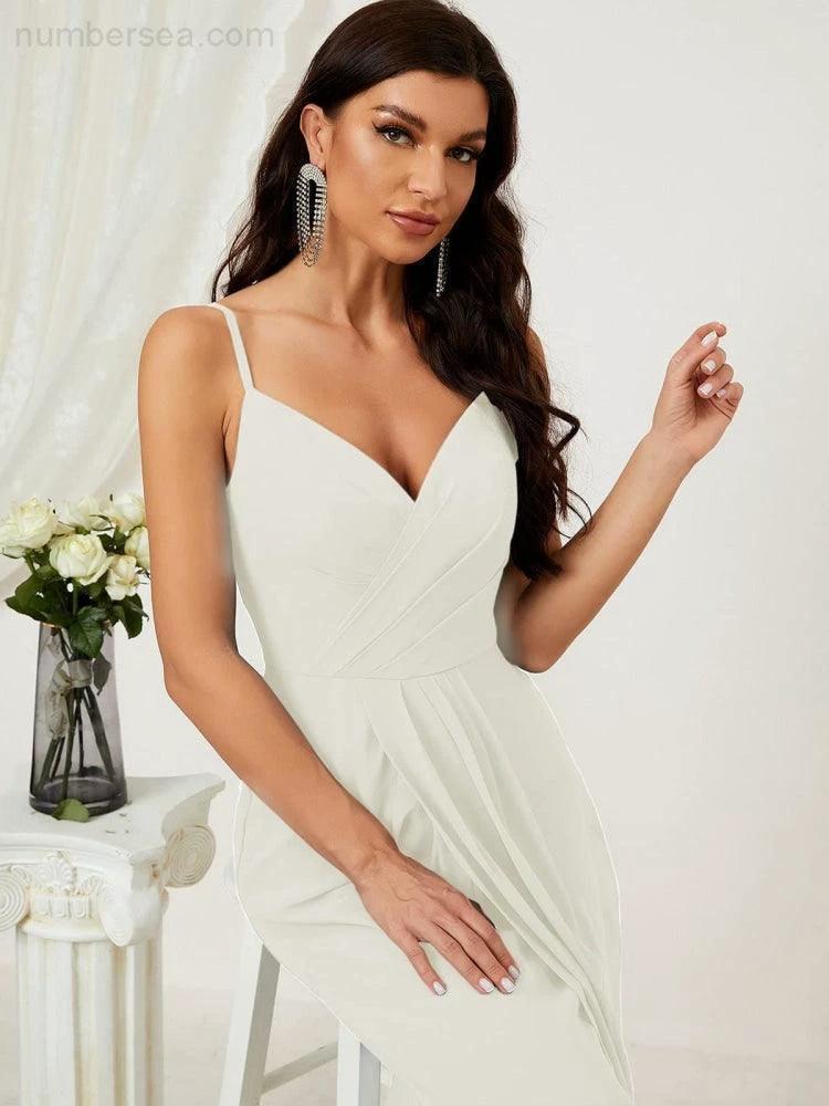 ZapDress Spaghetti Chiffon V Neck Bridesmaid Dress Mid-Length Slit Formal Prom Dress Homecoming Dress 2803 (ZD16952)