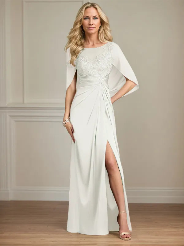 Sheath/Column Satin Scoop Neck Cap Sleeves Floor Length Mother Of The Bride Dresses