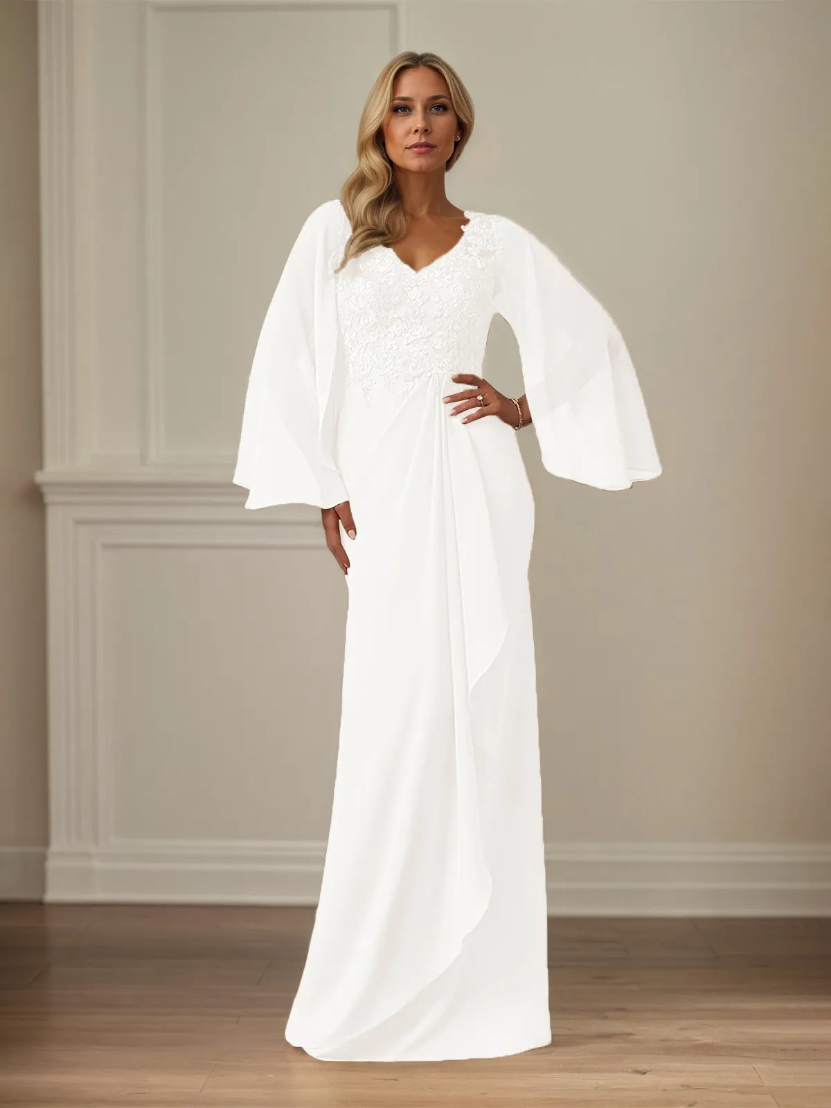 Sheath/Column Chiffon V Neck Long Sleeves Floor Length Mother of the Bride Dresses With Appliques