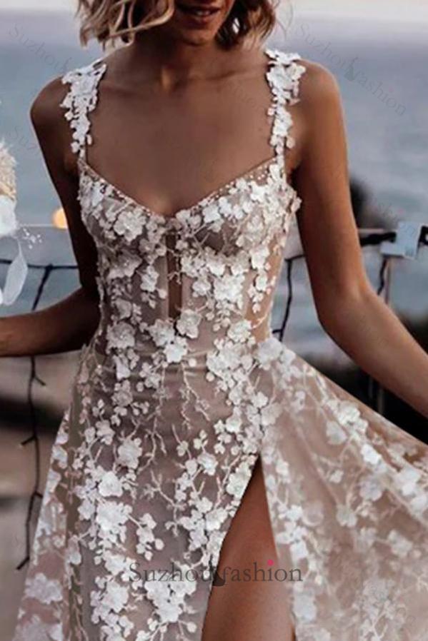 Ivory A Line Spaghetti Strap V Neck Sleeveless Lace Long Tulle Bridal Gown With High Slit
