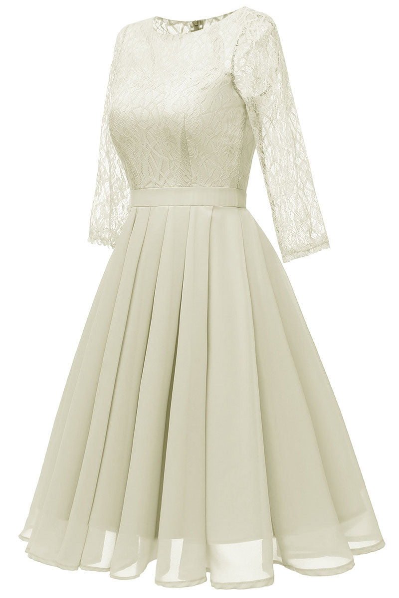 Ivory A-line Short Lace Prom Dress With Sleeves - Fashionpara