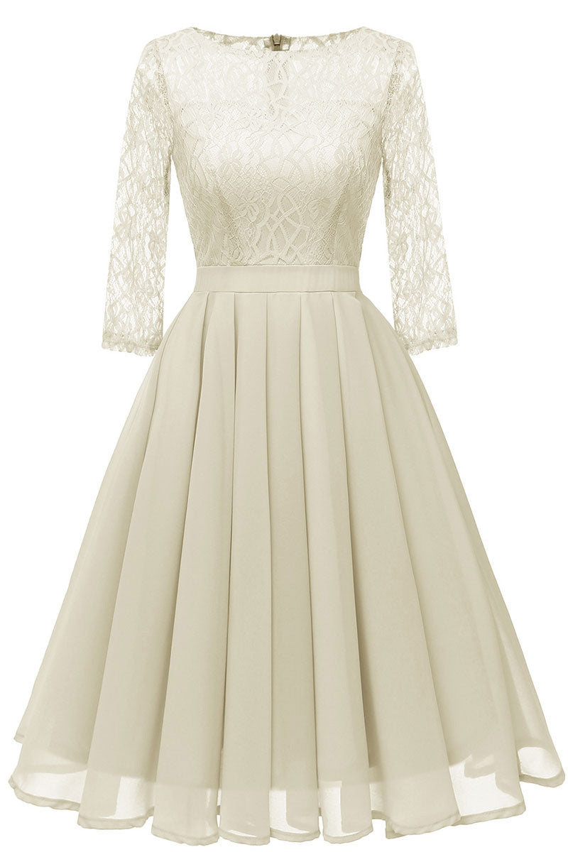 Ivory A-line Short Lace Prom Dress With Sleeves - Fashionpara
