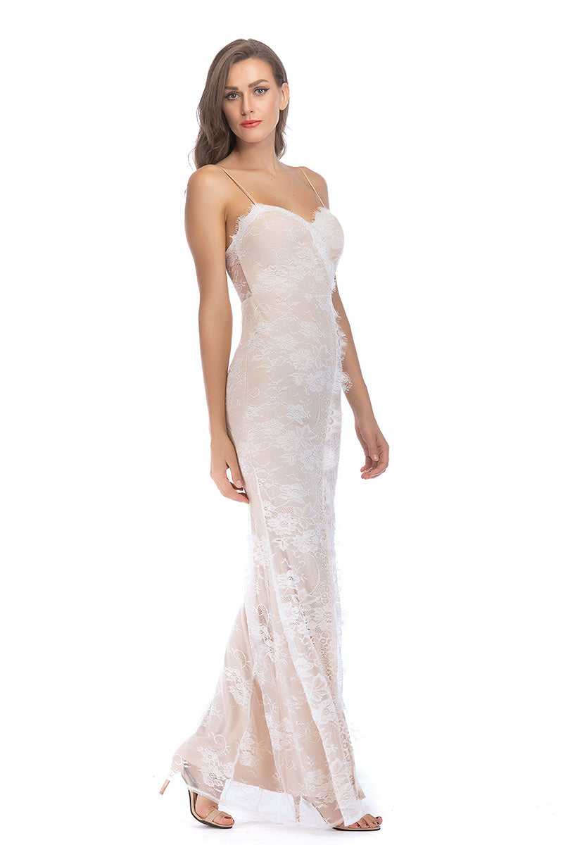 Ivory Lace Spaghetti Straps Backless Slit Bodycon Prom Dress - Fashionpara