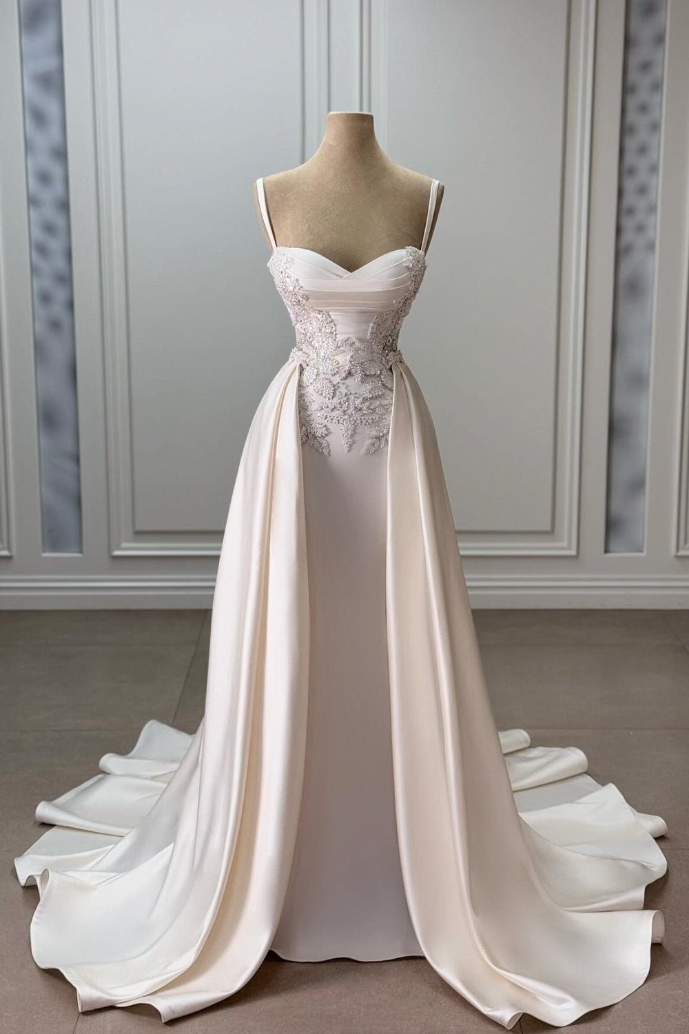 Ivory Sweetheart Spaghetti Strap Sleeveless Beaded Panel Train Ruffle Long Satin Bridal Gown