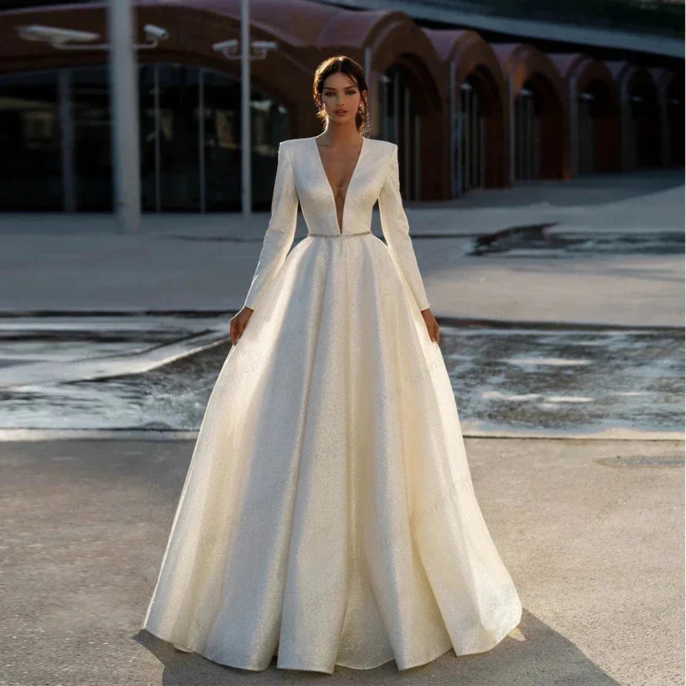 Ivory V Neck Full Sleeve Wedding Dresses Empire Stretch Satin Prom Gowns Zipper Back Summer New Luxury Vestidos De Novia by payinti