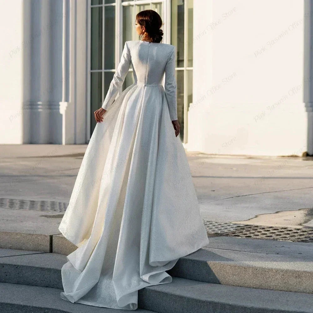 Ivory V Neck Full Sleeve Wedding Dresses Empire Stretch Satin Prom Gowns Zipper Back Summer New Luxury Vestidos De Novia (ZD13502)