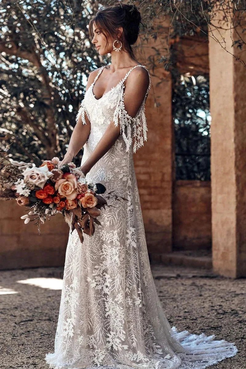 Ivory Bohemian Scoop Neckline Backless Beach Wedding Dress WD676 by pgmdress