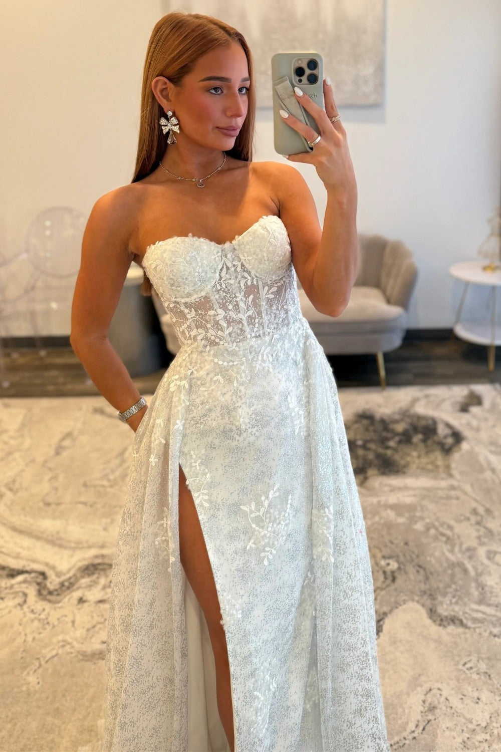 Gorgeous A Line Sweetheart White Corset Prom Dress with Split Front
